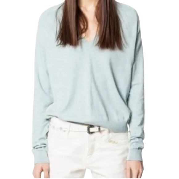 Zadig & Voltaire River Cotton Cashmere V Neck Sweater Color Block Blue XS - Picture 2 of 12